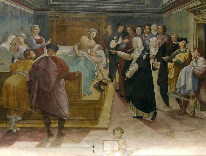 St. Catherine of Siena heals Matteo Cenni of the plague, fresco by Vincenzo Tamagni (Oratory of St. Catherine in Siena)

