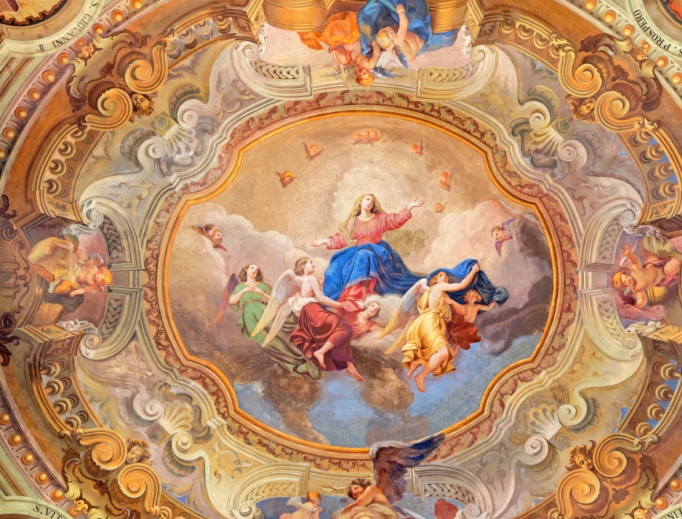 The ceiling fresco of Assumption of Virgin Mary in the Church of Santuario del Santissimo Crocifisso by Gersam Turri (1927-1929). 
