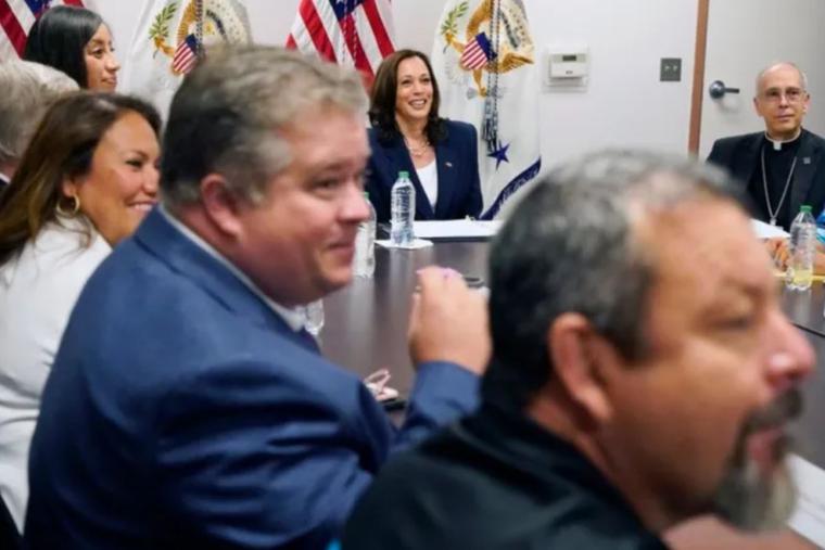 Vice President Kamala Harris (center back) and Bishop Mark Seitz of El Paso (back right) gather at an immigration roundtable at El Paso International Airport in Texas on June 25.