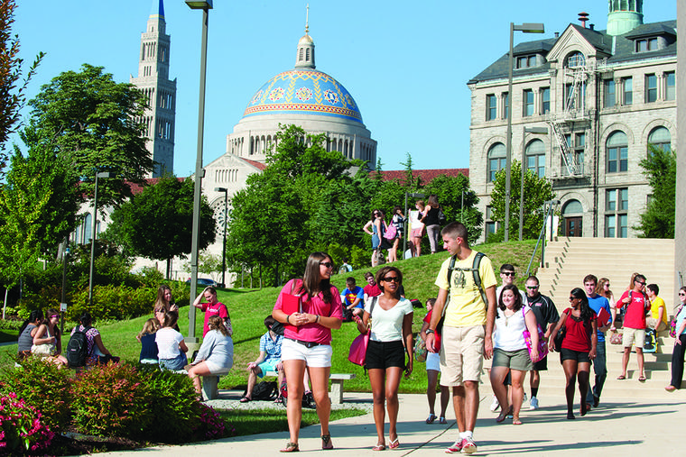 Students on campus of the Catholic University of America.