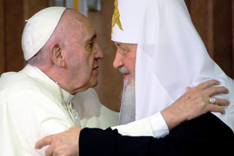Pope Francis and the head of the Russian Orthodox Church, Patriarch Kirill, embrace during their historic meeting in Havana, Cuba, on Feb. 12, 2016.