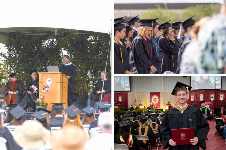 Clockwise from left: Jesuit Father Mitch Pacwa addresses the Class of 2022 at Ave Maria University on May 7 during a prayerful commencement. Graduate Dawson Drummond received his Bachelor of Arts in marketing from Walsh University. He was also a tennis player in college.