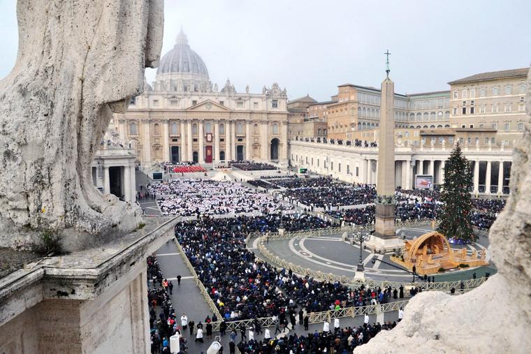 Mourners gather for Benedict XVI’s funeral Mass in St. Peter’s Square on Jan. 5 in Vatican City.