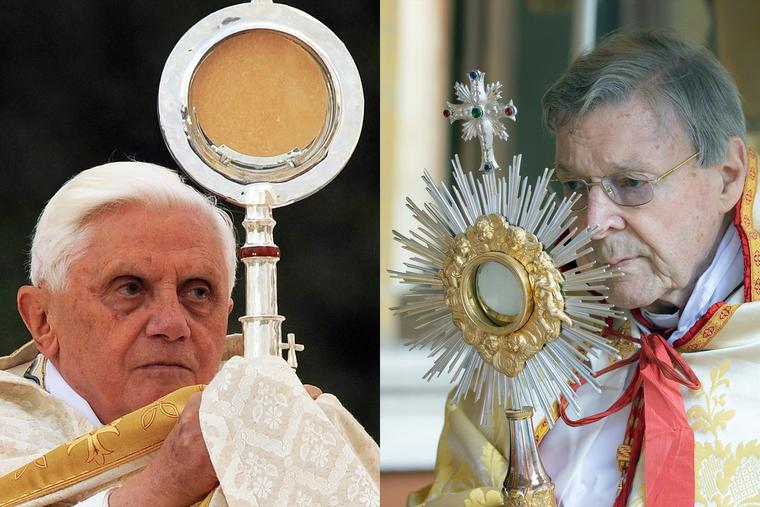 LEFT: Pope Benedict XVI holds the Blessed Sacrament in a monstrance at La Prairie in Lourdes, France, on Sept. 14, 2008. RIGHT: Cardinal George Pell holds the Blessed Sacrament in a monstrance at the Angelicum in Rome on May 18, 2021.

