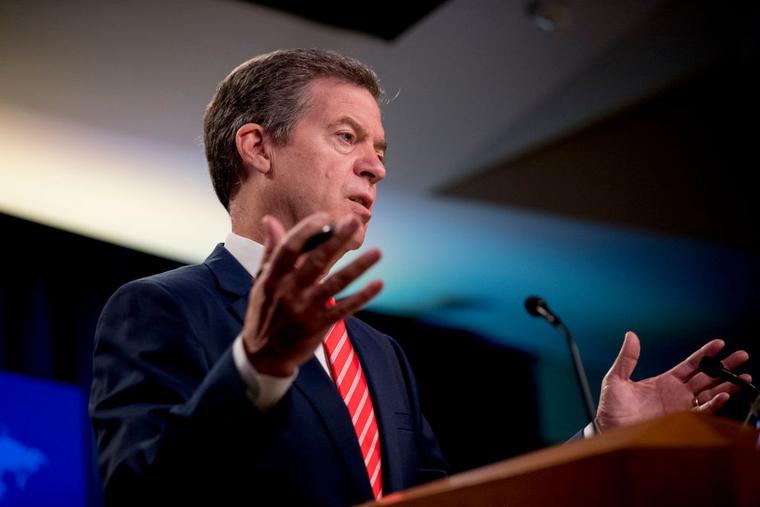 Sam Brownback, ambassador at large for international religious freedom,  speaks during a news conference at the State Department in Washington June 10, 2020.