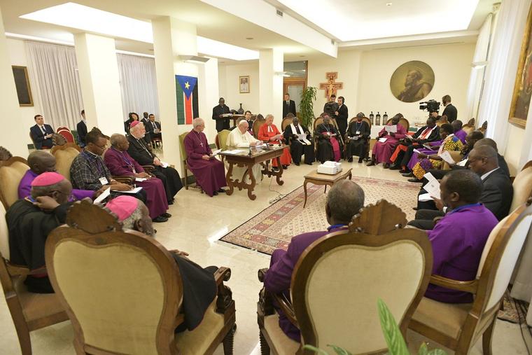 Pope Francis speaks during a spiritual retreat for South Sudan leaders at the Vatican's Casa Santa Marta, April 11, 2019.