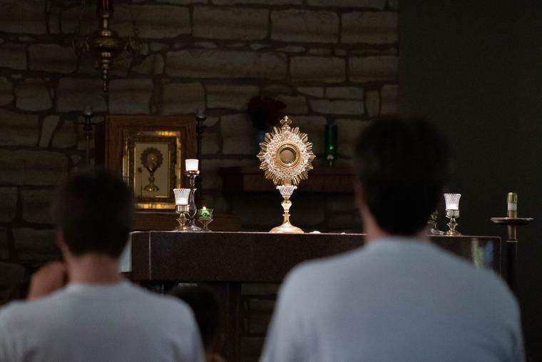 The faithful adore Christ in the Blessed Sacrament.