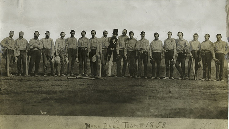 The New York Knickerbockers were the first organized baseball team, playing their first game at the Elysian Fields in Hoboken, N.J., on Sept. 23, 1845. The team played for nearly twenty years, folding in the 1870s. Here is the team pictured in 1858. (New York Public Library)