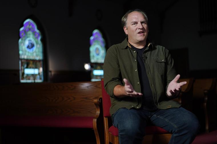 Gerald Groff, a former postal worker whose case will be argued before the Supreme Court, speaks during a television interview with the Associated Press at a chapel at the Hilton DoubleTree Resort in Lancaster, Pa., March 8, 2023. 