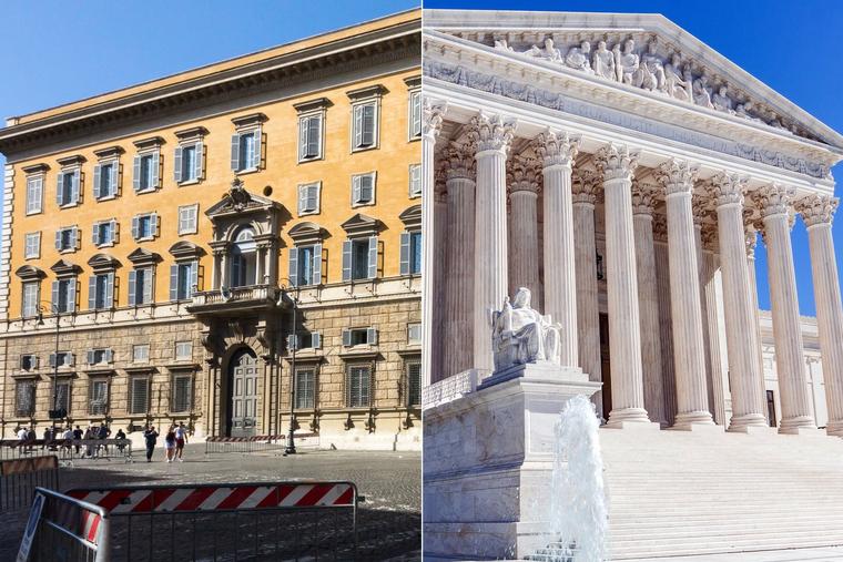 Left: The Palace of the Holy Office near St. Peter’s Square in Rome. Right: The Supreme Court Building on Capitol Hill in Washington, DC.