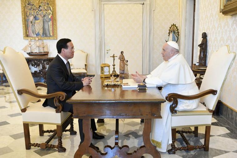 Vietnam’s President Vo Van Thuong meets with Pope Francis at the Vatican on July 27, 2023.
