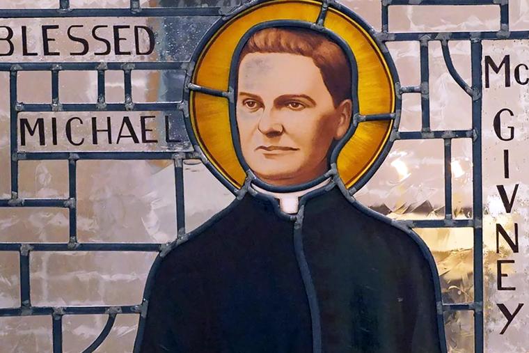 A stained-glass window of Blessed Michael McGivney, founder of the Knights of Columbus, is seen at St. Catherine of Siena parish in Trumbull, Connecticut.