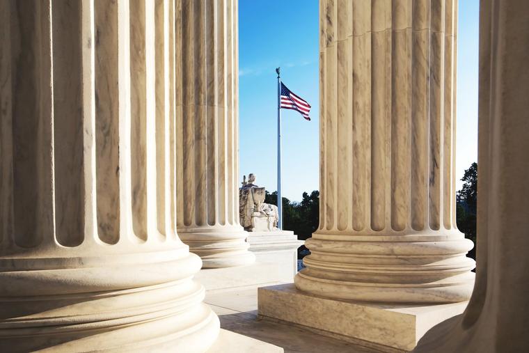The marble columns of the U.S. Supreme Court Building in Washington, D.C.