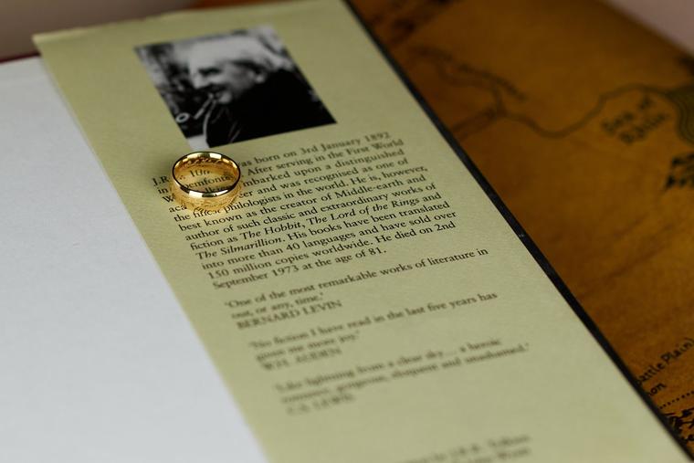 A portrait of J.R.R. Tolkien is seen on the dust jacket of a copy of ‘The Lord of the Rings.’ 