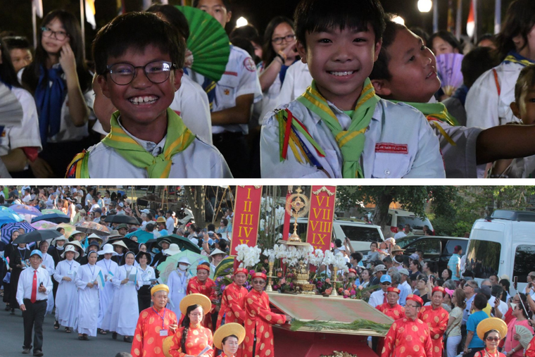 Top: Two smiling boys are proud members of the Vietnamese Eucharistic Youth Movement in the U.S.A, a national nonprofit with 140 chapters in U.S. Vietnamese parishes. The movement helps educate elementary through high school-aged Vietnamese-American youth in the Catholic faith and helps them to become good citizens in society. Bottom: A float carrying relics of 117 Vietnamese martyrs is part of a procession of Vietnamese Catholics through the streets of Carthage, Missouri, during Marian Days held the first weekend of August. The Saturday afternoon procession culminates in an evening Mass on the campus of the Congregation of the Mother of the Redeemer.