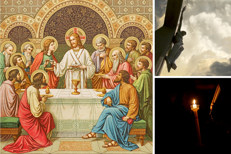 Clockwise from left: Holy Thursday: The Last Supper is depicted in ‘Missale Romanum’ by Max Schmalzl (1923); Good Friday: The Passion of Christ is recalled; Holy Saturday: Pope Francis holds the Paschal candle at the Easter vigil in 2019.