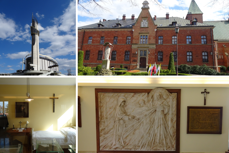 Clockwise from top right: Pilgrims to Krakow can pray where Sts. Faustina and John Paul prayed: at the Sanctuary of Divine Mercy and Faustina’s convent; a replica of her religious cell is shown.