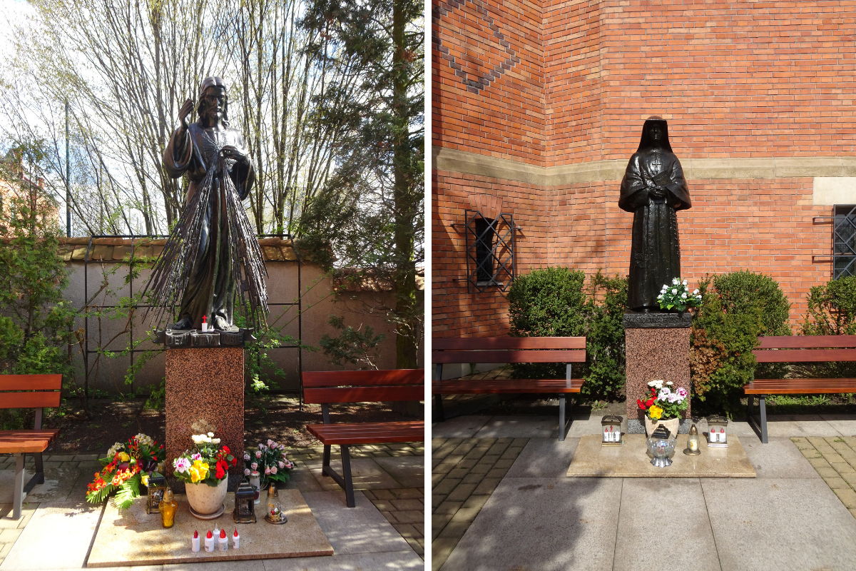 Statues of St. Faustina and the Merciful Jesus are seen outside of her convent in Krakow.