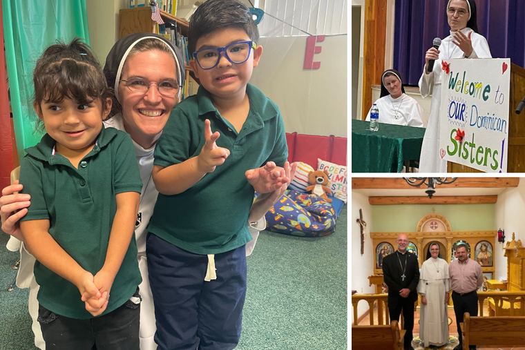 The Dominican Sisters of Mary, Mother of the Eucharist, including Mother Amata Veritas, shown with young students, look forward to teaching at Sacred Heart Cathedral School in Gallup, New Mexico. Gallup Bishop James Wall supports the educational effort.