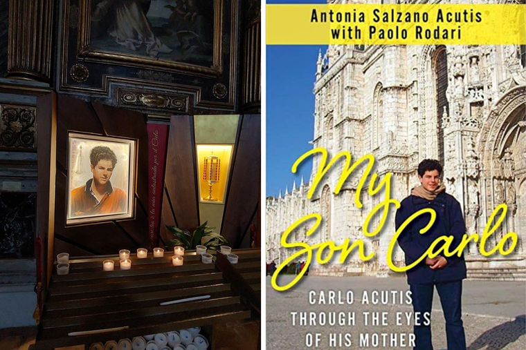 L to R: Blessed Carlo Acutis memorial at Piazza San Rufino, in Assisi, Italy; book cover of ‘My Son Carlo’