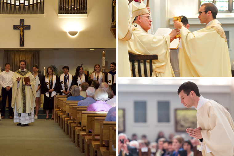 Fathers Shaun Galvin (lower right) and Brian Larkin (upper right), shown being ordained, say their time at the University of Colorado-Boulder, with formation at St. Thomas Aquinas Catholic Center, aided their vocational discernment. The Catholic Center’s Masses call students to prayer amid their studies and mark liturgical feasts and graduation (shown above).