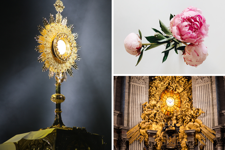 Clockwise from left: the Blessed Sacrament, peonies and Gian Lorenzo Bernini’s Holy Spirit window in St. Peter’s Basilica 