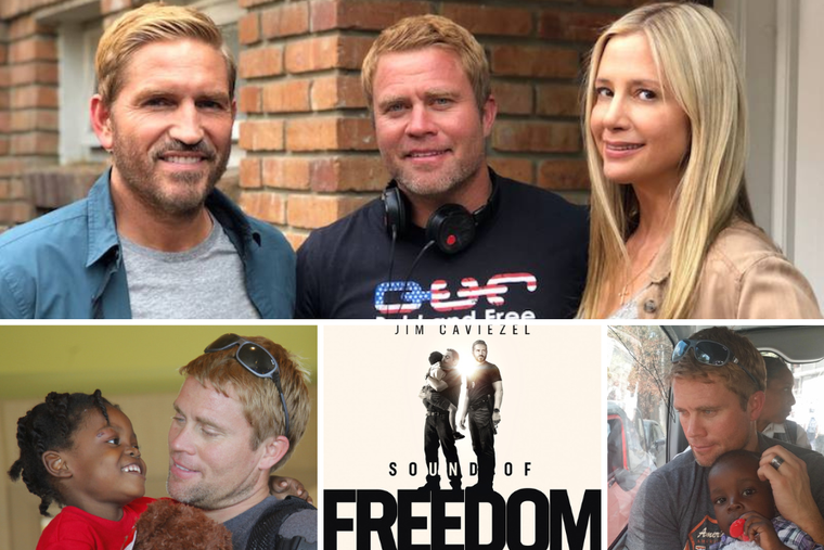 Clockwise from top: Jim Caviezel, Tim Ballard and Mira Sorvino pose for a shot while filming ‘Sound of Freedom.’ Tim Ballard holds the children he adopted from Haiti after one of his many daring rescue missions with his organization Operation Underground Railroad.