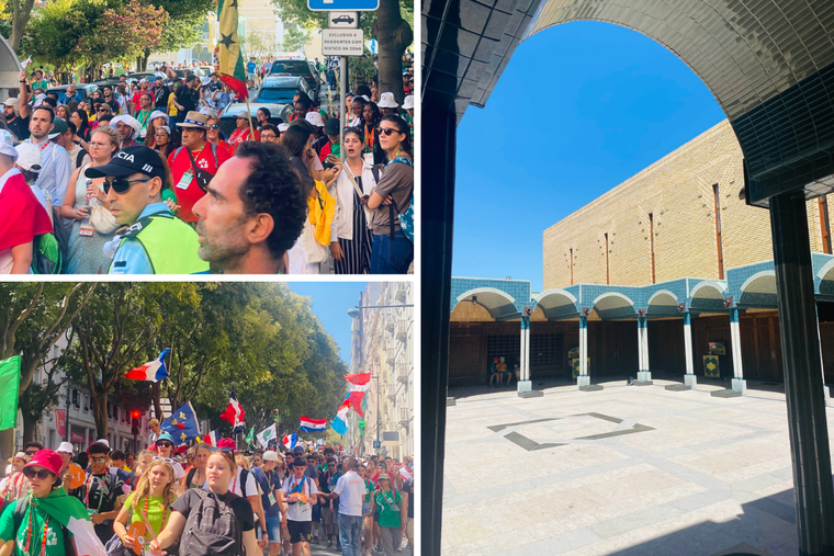 L to R: the WYD crowd and the Central Mosque of Lisbon, which many pilgrims visited over the course of WYD