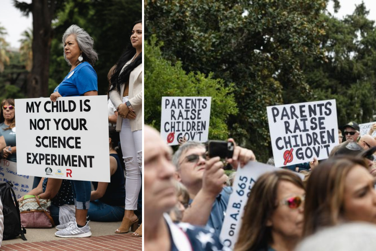 About 1,000 Californians rallied in front of the state capitol steps in Sacramento on Aug. 21, 2023, to protest a series of bills they say would take away their rights as parents. 