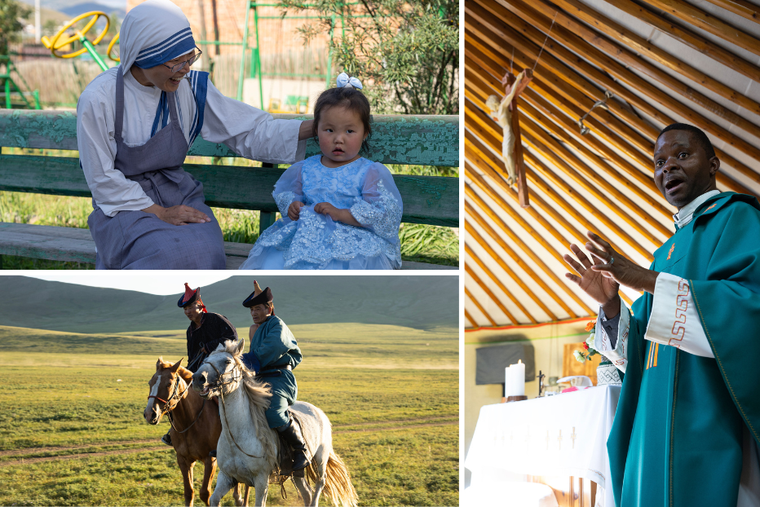 The Sisters of Charity are an active presence in Mongolia working with orphans and women in need. Nomads ride horses across the countryside. A priest offers a homily during Mass.