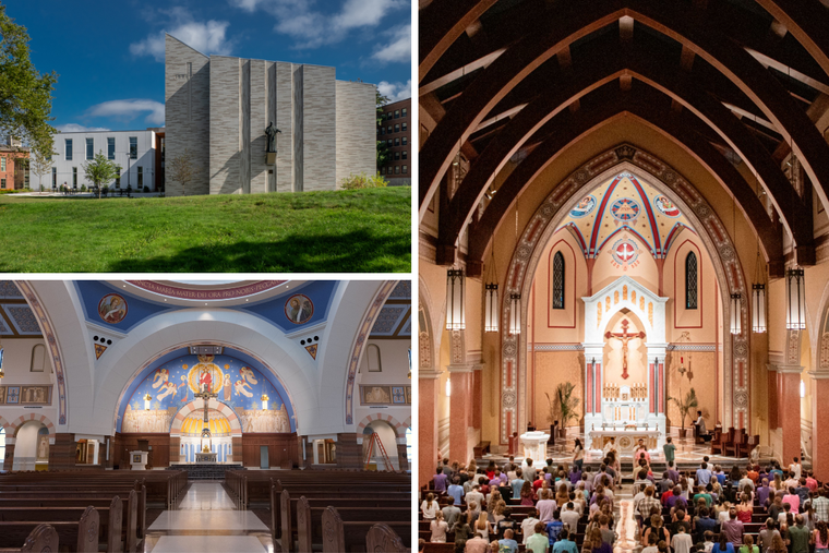 New churches serve Catholic students at (clockwise from right): Kansas State University, Texas A&M and the University of Massachusetts-Amherst.