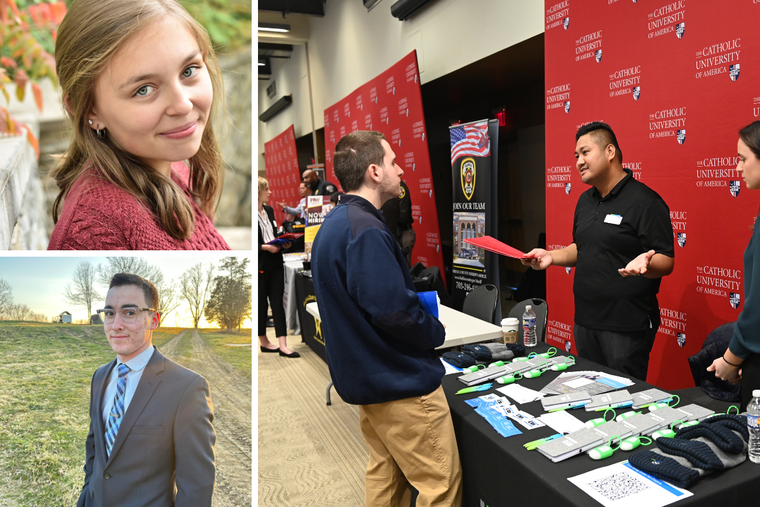 At right, students attend a career fair at The Catholic University of America. At left, Mary Favorite and Francis LaFata utilized career services at the Universitof Mary and Franciscan University of Steubenville, respectively. 