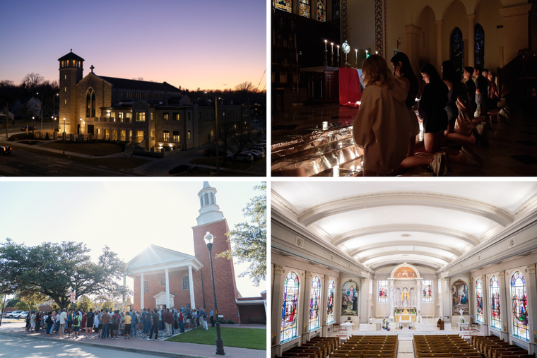 Clockwise from top left: The exterior of St. Isidore Church in Manhattan, Kansas, beckons the faithful college-age flock at Kansas State University. Students adore Christ at St. Thomas Aquinas Church in Lincoln, Nebraska, which serves the Husker Catholic community at the University of Nebraska. St. John’s Catholic Chapel, filled with stained glass, in Champaign, Illinois, serves the Catholic Illini attending the University of Illinois’ flagship campus; and Aggie Catholics gather in front of St. Mary Church, newly dedicated in July, in College Station, Texas, at Texas A&M.