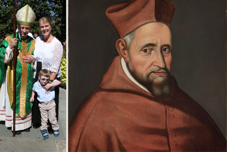 L to R: Andrea Schanne and son Robby pose for a photo with Bishop Frank Caggiano of Bridgeport, Connecticut; St. Robert Bellarmine portrait, by unknown author, c. between 1622 and 1623